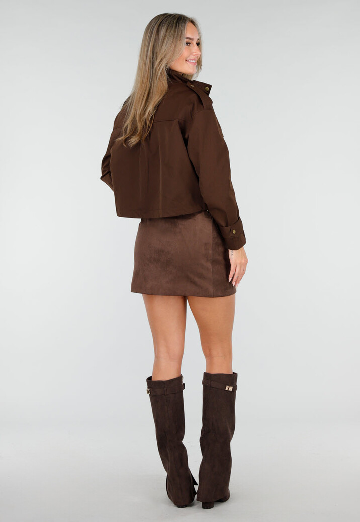 Cropped Bruine Jas met Rits en Grote Zakken