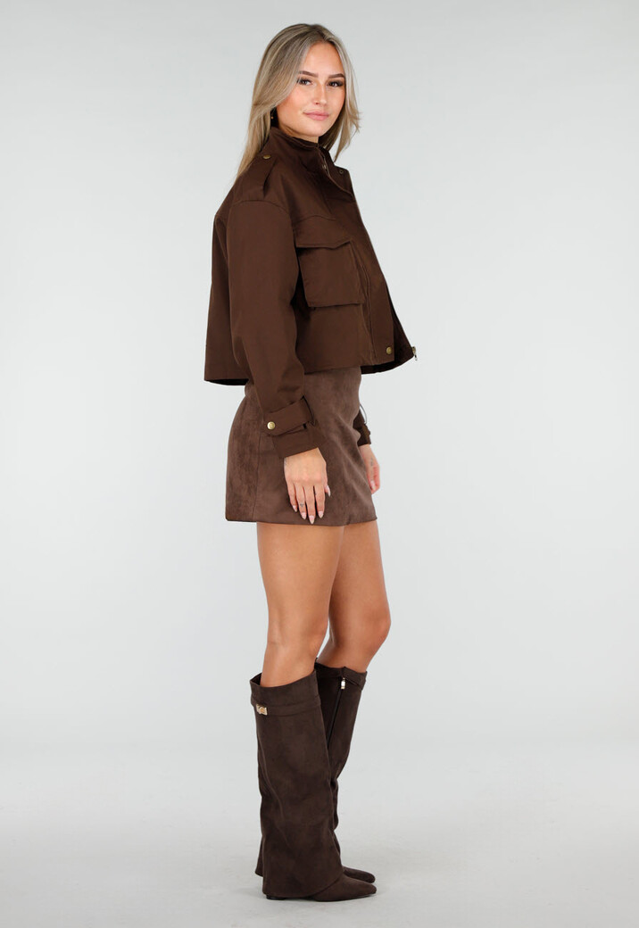 Cropped Bruine Jas met Rits en Grote Zakken