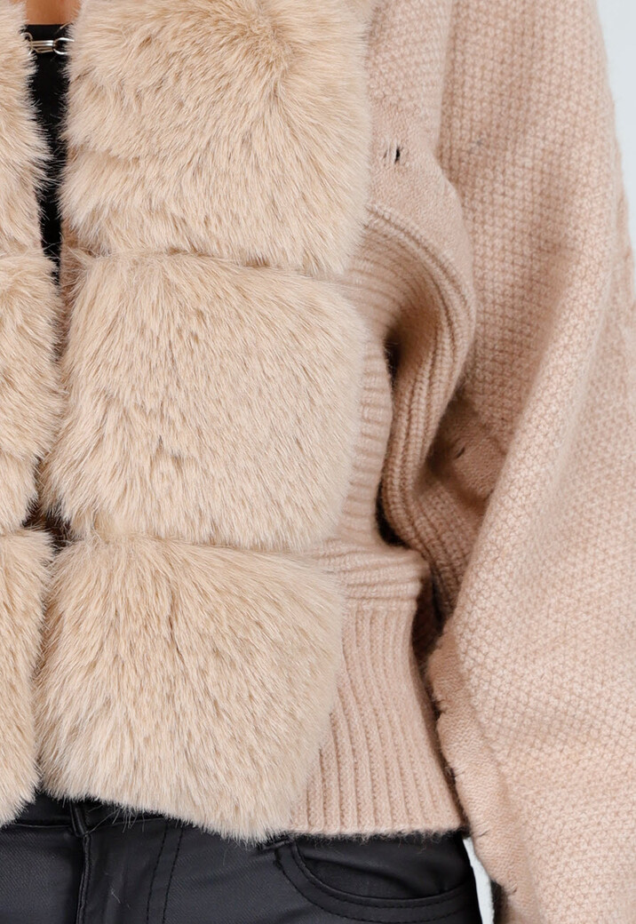 Camel Gebreide Cardigan met Faux Fur Kraag
