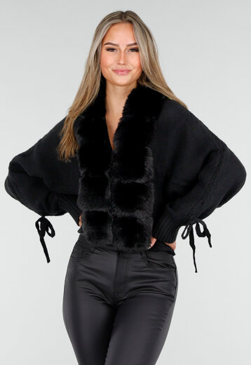 Zwarte Cardigan met Fur Kraag