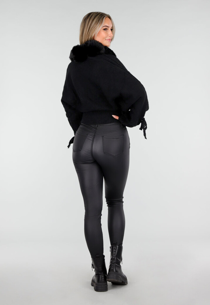 Zwarte Gebreide Cardigan met Faux Fur Kraag en Strikdetails