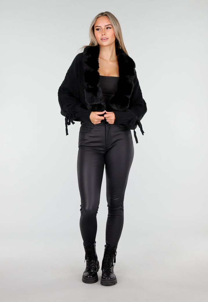 Zwarte Gebreide Cardigan met Faux Fur Kraag en Strikdetails