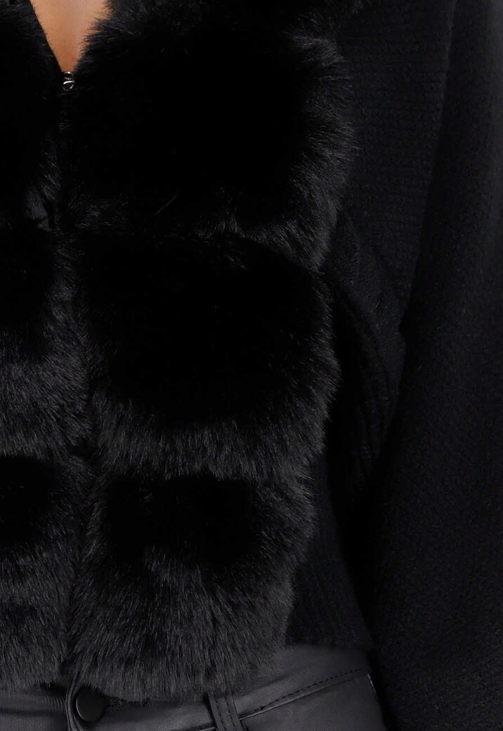 Zwarte Gebreide Cardigan met Faux Fur Kraag en Strikdetails