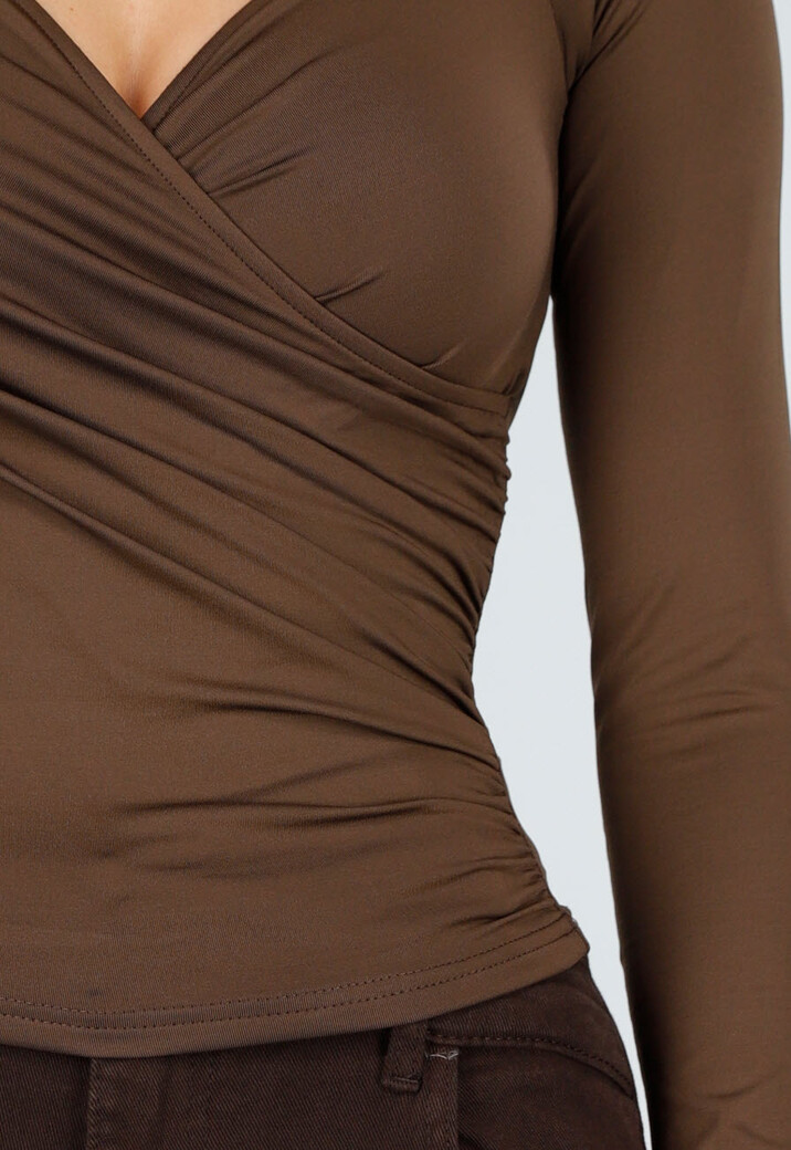 Bruine Top met Overslag en Lange Mouwen
