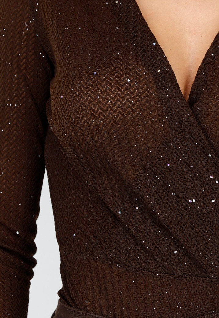 Bruine Glitter Body met Lange Mouwen en V-Hals