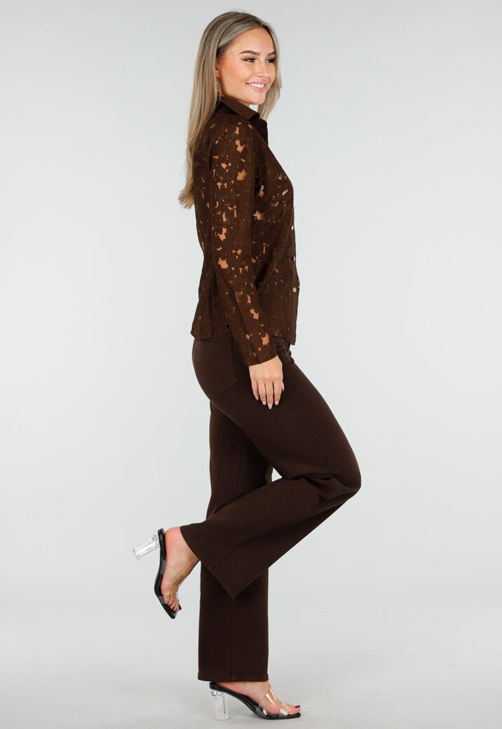 Bruine Kanten Blouse met Lange Mouwen en Knopen