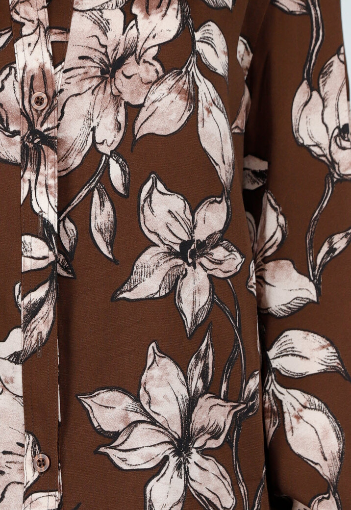 Bruine Blouse met Bloemenprint en Lange Mouwen