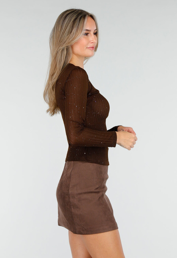 Bruine Semi-Transparante Top met Lange Mouwen en Glitterdetails