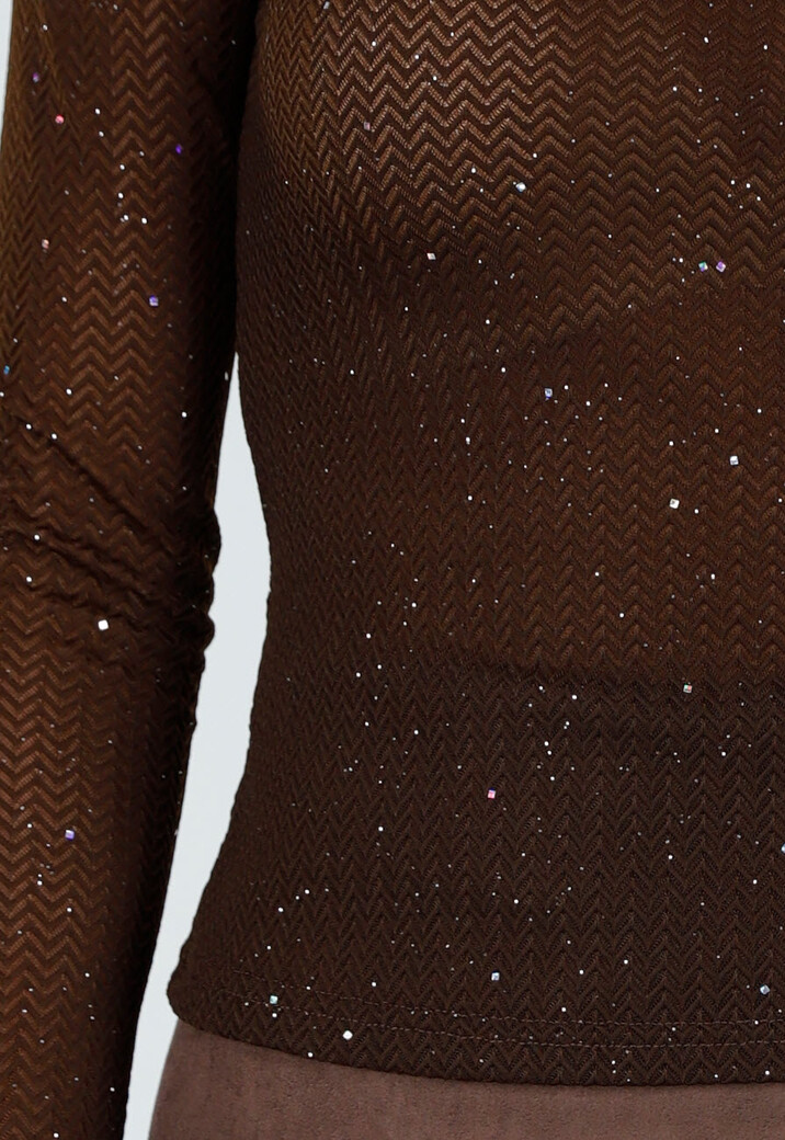 Bruine Semi-Transparante Top met Lange Mouwen en Glitterdetails