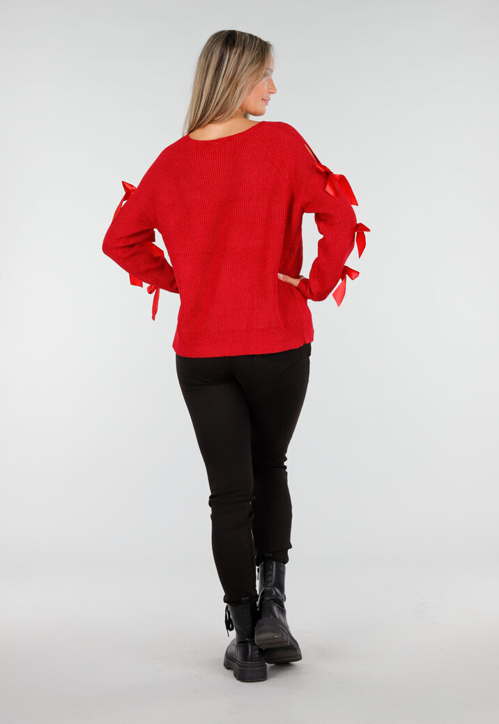 Rode Gebreide Trui met Strikken op de Mouwen