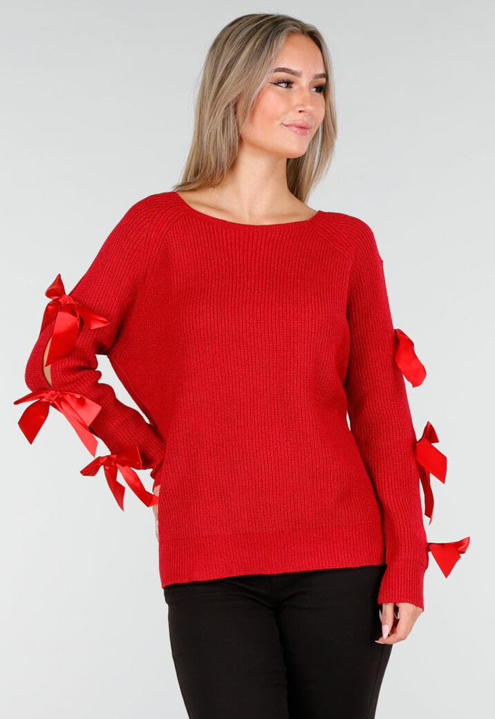 Rode Gebreide Trui met Strikken op de Mouwen