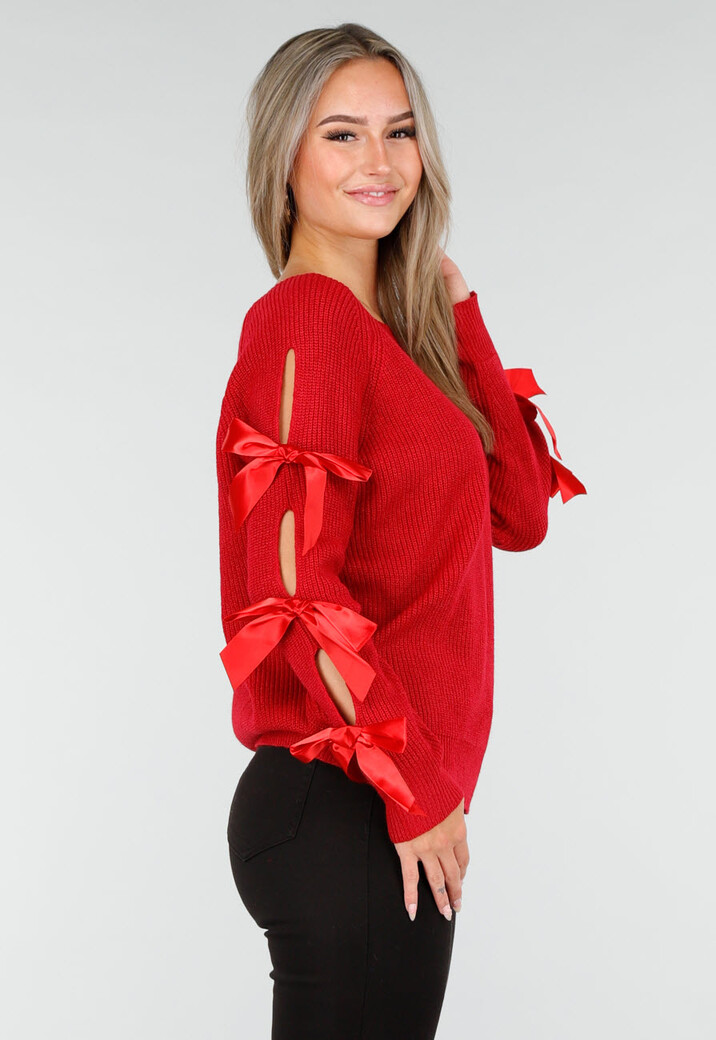 Rode Gebreide Trui met Strikken op de Mouwen