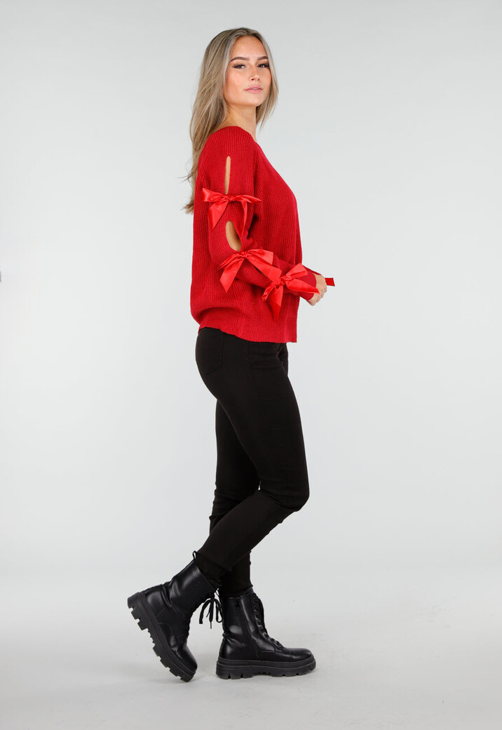 Rode Gebreide Trui met Strikken op de Mouwen