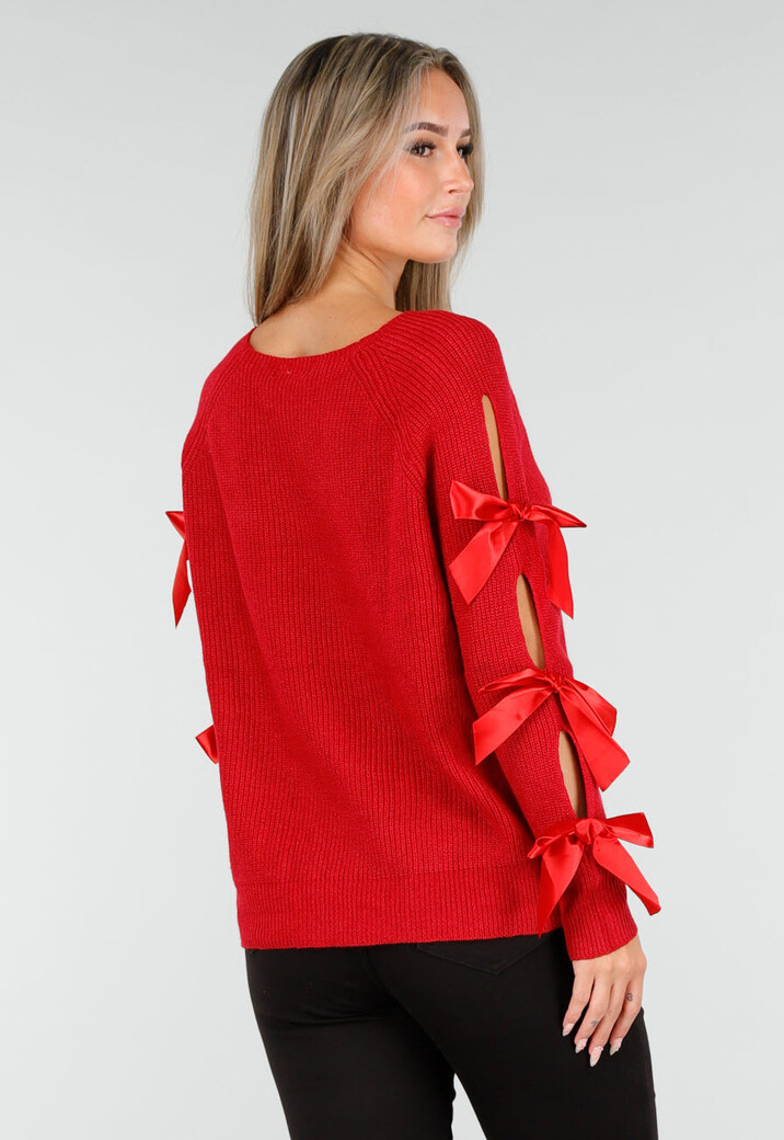 Rode Gebreide Trui met Strikken op de Mouwen