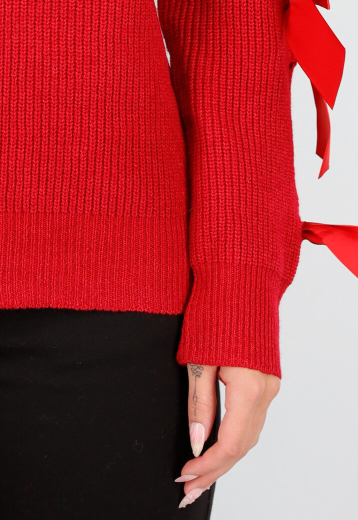 Rode Gebreide Trui met Strikken op de Mouwen