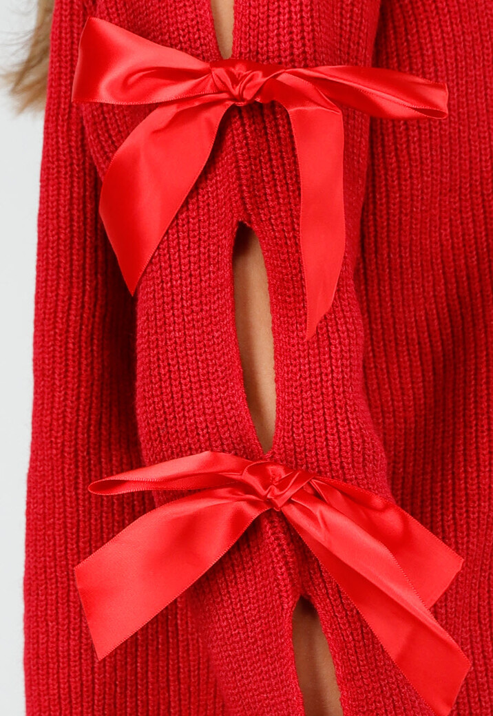 Rode Gebreide Trui met Strikken op de Mouwen