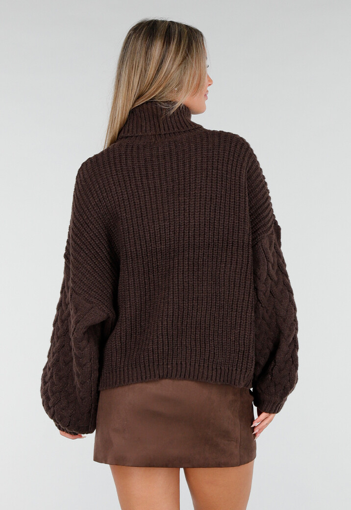 Donkerbruine Kabeltrui met Hoge Col en Lange Mouwen