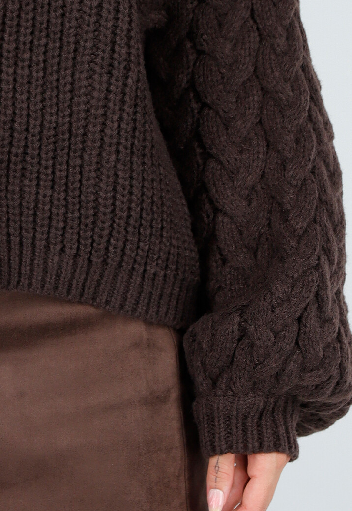Donkerbruine Kabeltrui met Hoge Col en Lange Mouwen