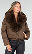 Bruine Pufferjas met Brede Bontkraag en Elastische Zoom