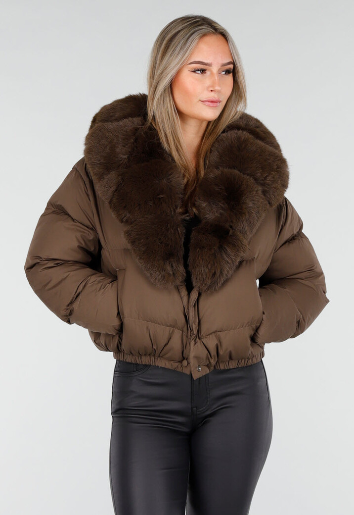 Bruine Pufferjas met Brede Bontkraag en Elastische Zoom