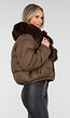 Bruine Pufferjas met Brede Bontkraag en Elastische Zoom