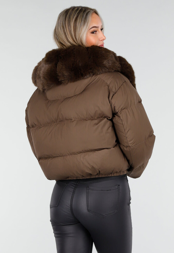 Bruine Pufferjas met Brede Bontkraag en Elastische Zoom