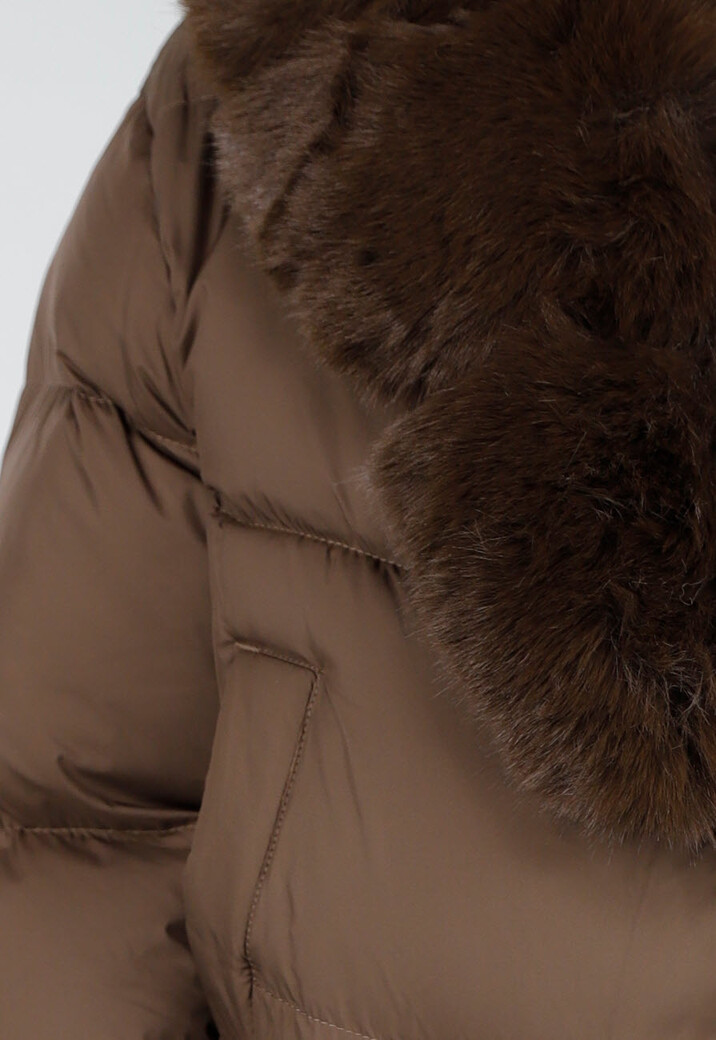 Bruine Pufferjas met Brede Bontkraag en Elastische Zoom