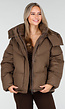 Bruine Puffer Jas met Hoge Kraag en Capuchon