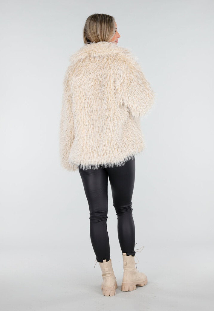 Beige Faux Fur Jas met Harige Textuur