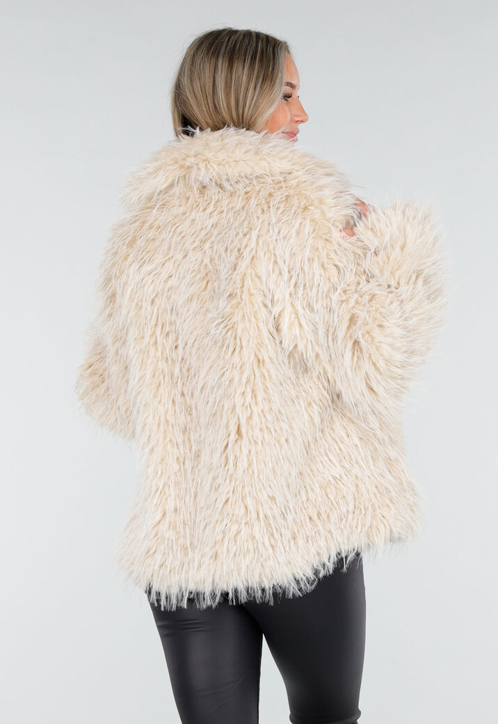 Beige Faux Fur Jas met Harige Textuur