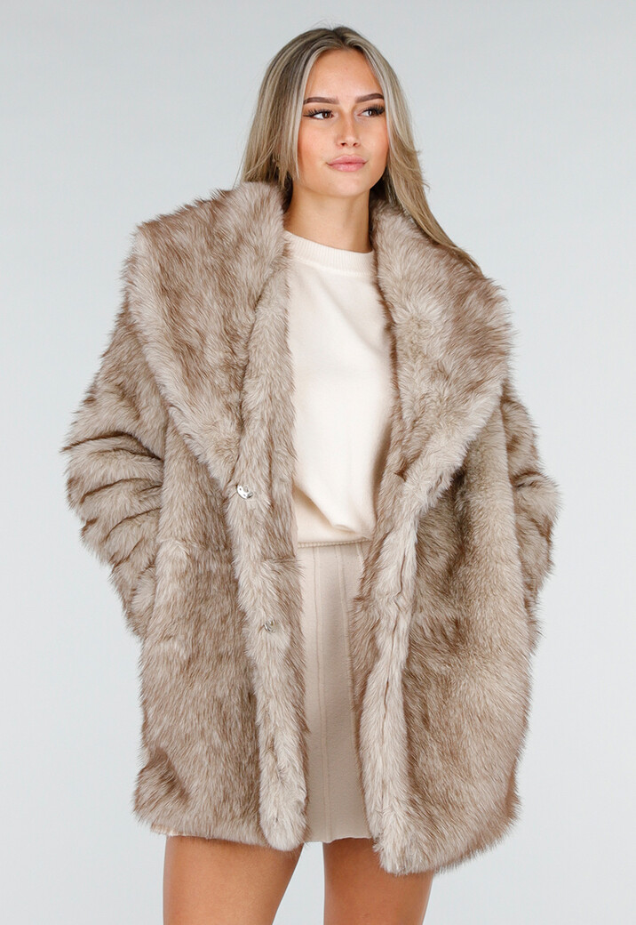 Beige Imitatiebont Jas met Ceintuur