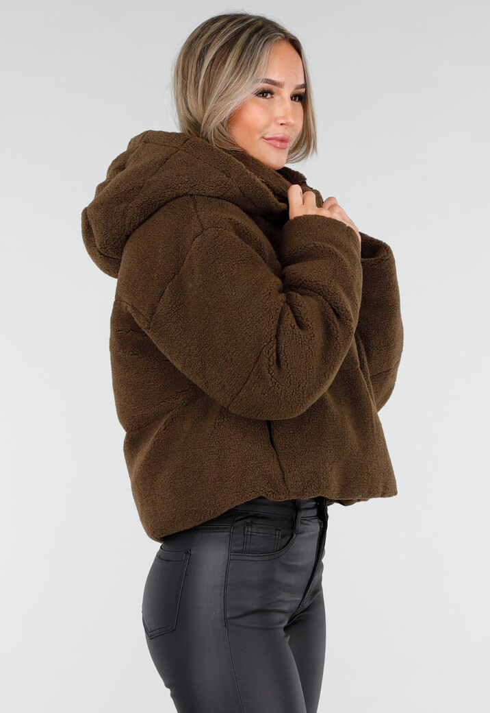 Bruine Teddy Puffer Jas met Hoge Kraag en Capuchon