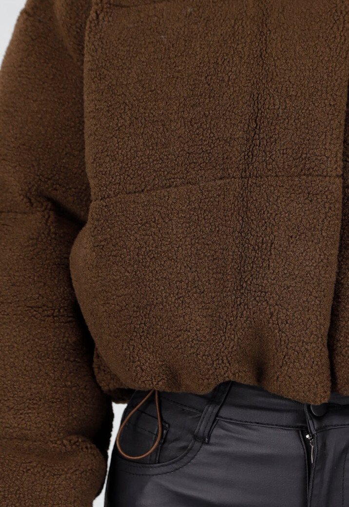 Bruine Teddy Puffer Jas met Hoge Kraag en Capuchon