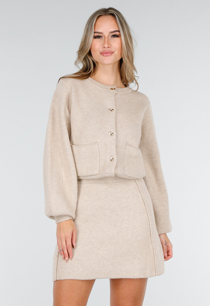 Beige Twee-Delige Set met Gebreid Vest en Rok