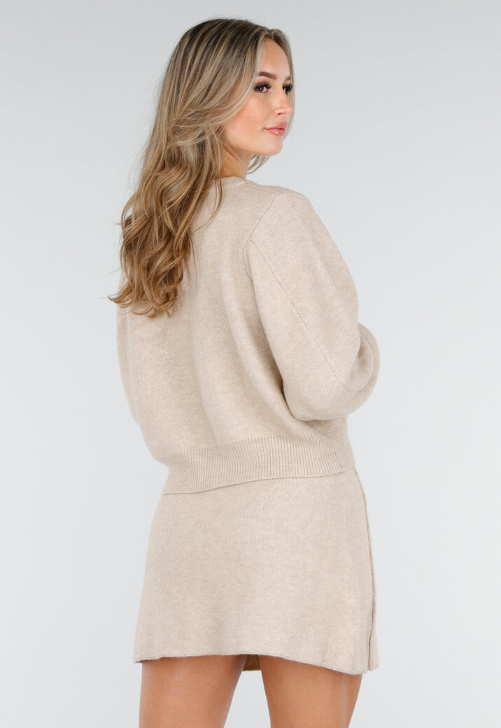 Beige Twee-Delige Set met Gebreid Vest en Rok