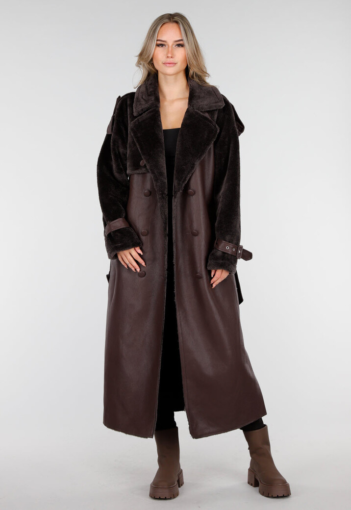 Bruine Lange Jas met Faux Fur en Ceintuur