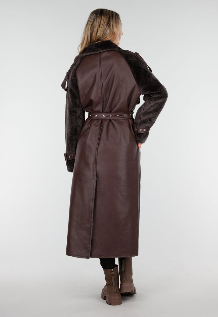 Bruine Lange Jas met Faux Fur en Ceintuur