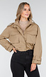 Beige Cropped Jas met Grote Zakken en Rechte Pasvorm
