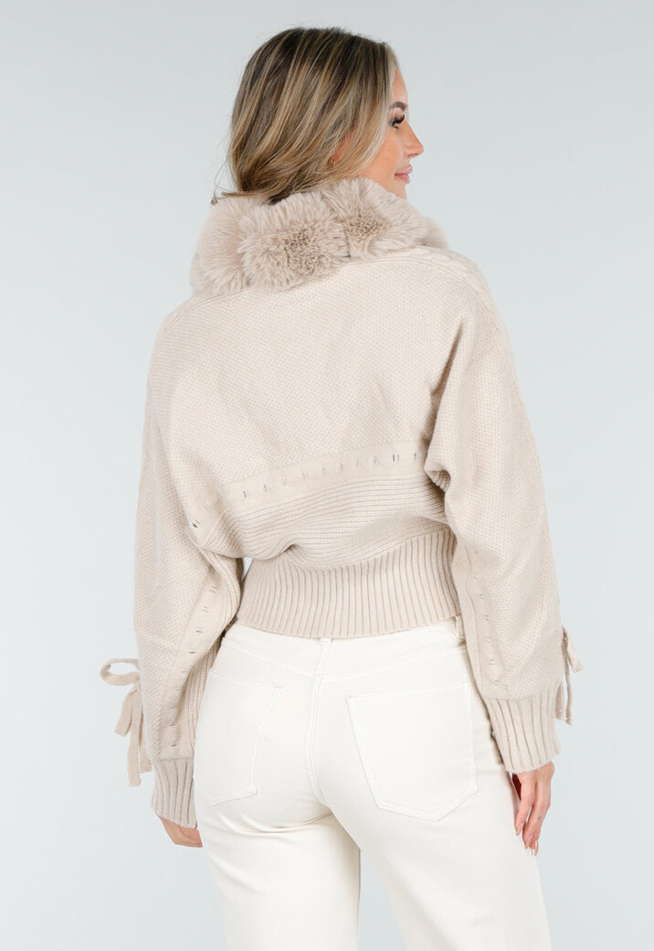 Beige Gebreid Vest met Nepbontkraag en Strikdetails