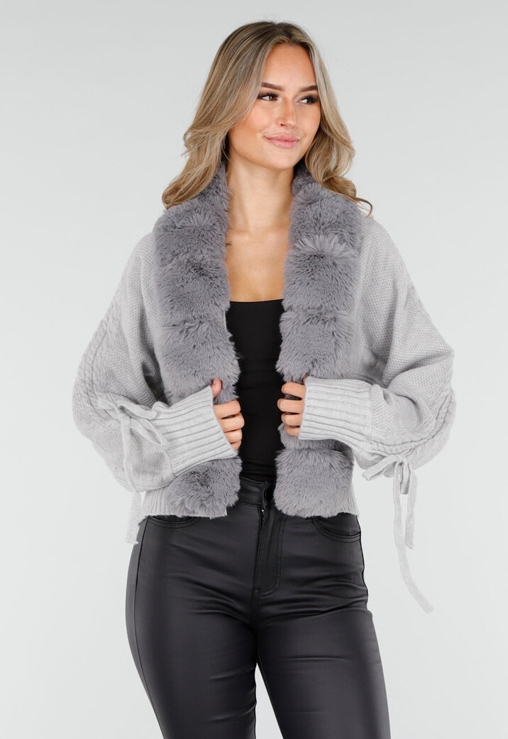 Grijs Gebreid Vest met Faux Fur Kraag en Strikdetails