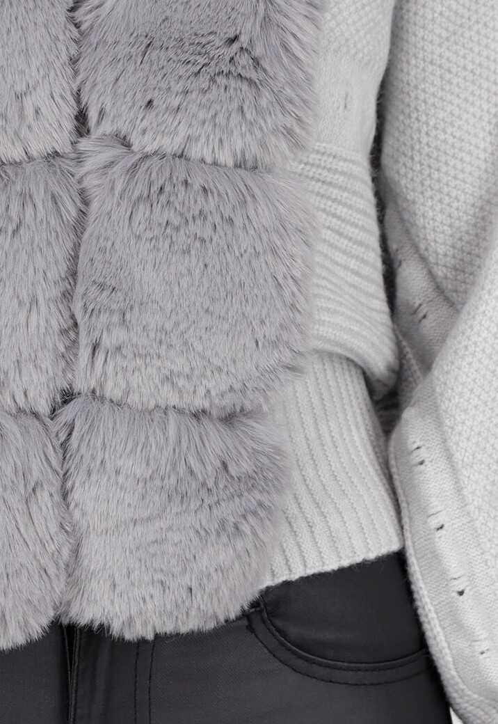 Grijs Gebreid Vest met Faux Fur Kraag en Strikdetails