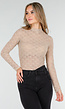 Beige Semi-Transparante Top met Hoge Hals en Lange Mouwen
