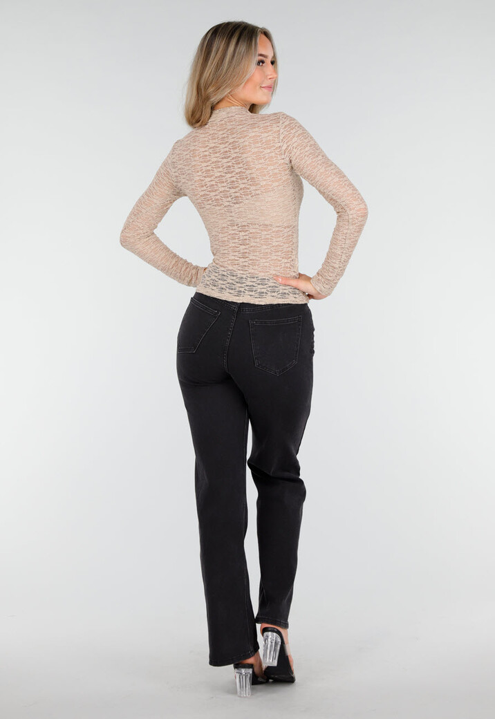 Beige Semi-Transparante Top met Hoge Hals en Lange Mouwen