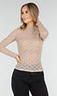 Beige Semi-Transparante Top met Hoge Hals en Lange Mouwen