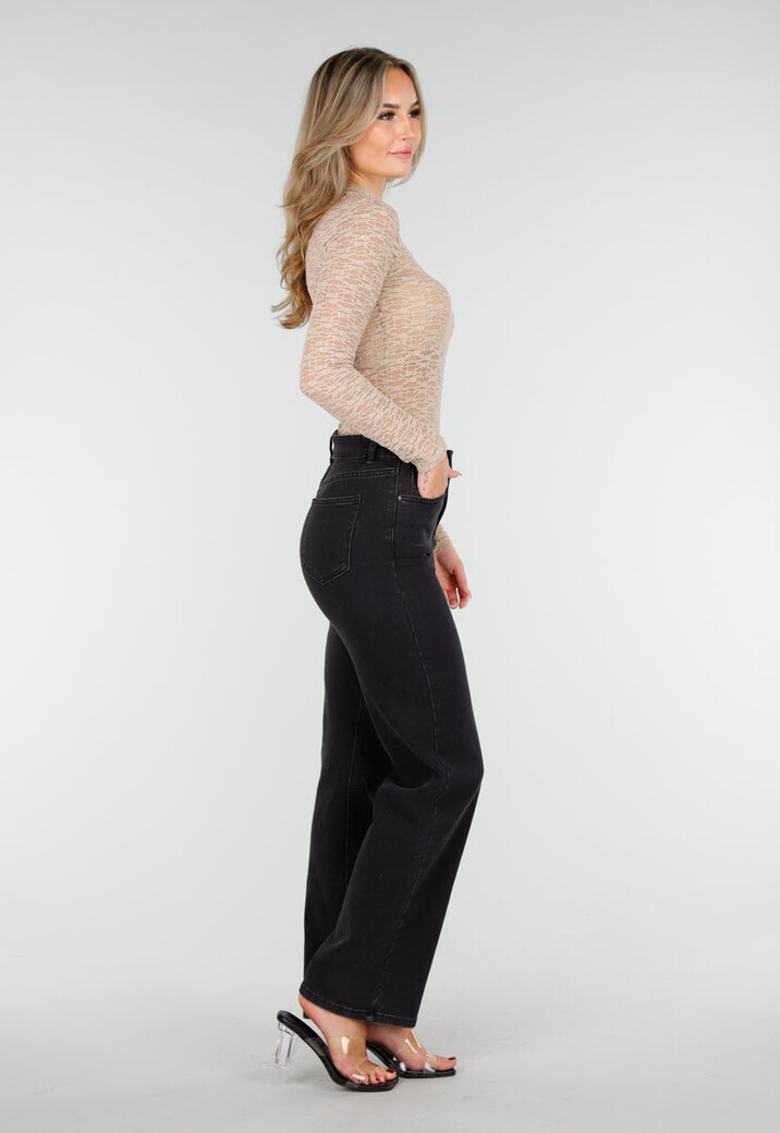 Beige Semi-Transparante Top met Hoge Hals en Lange Mouwen