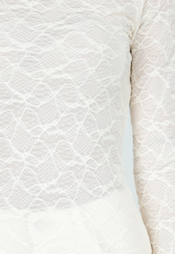 Crèmekleurige Kant Top met Lange Mouwen en Hoge Hals