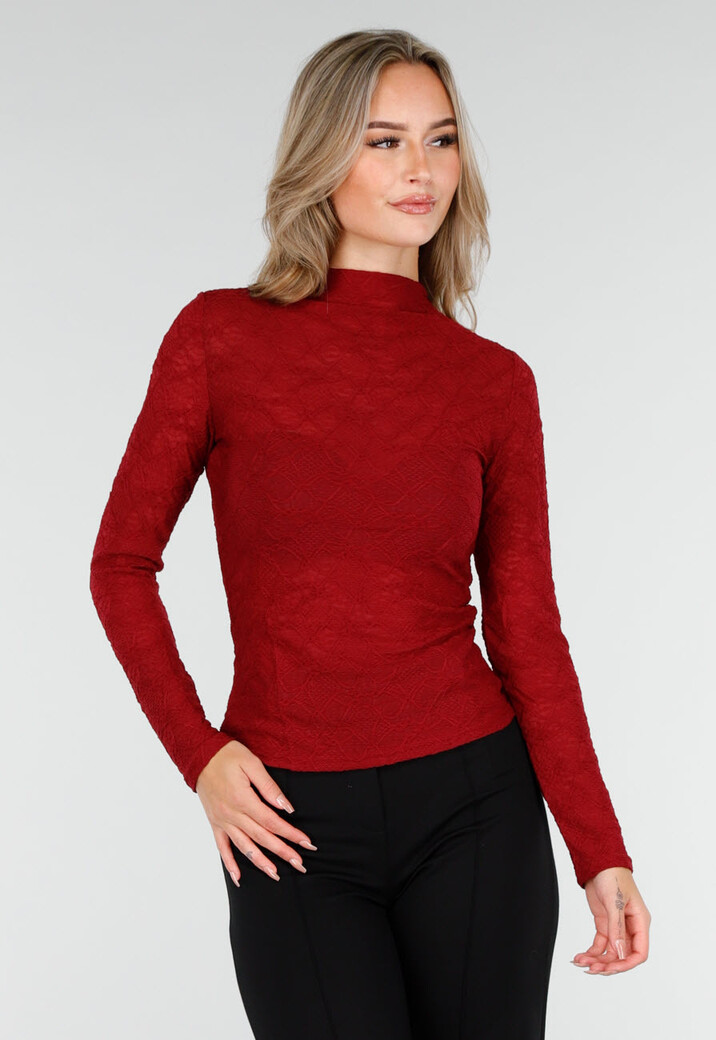 Rode Kant Stretch Top met Lange Mouwen en Hoge Hals