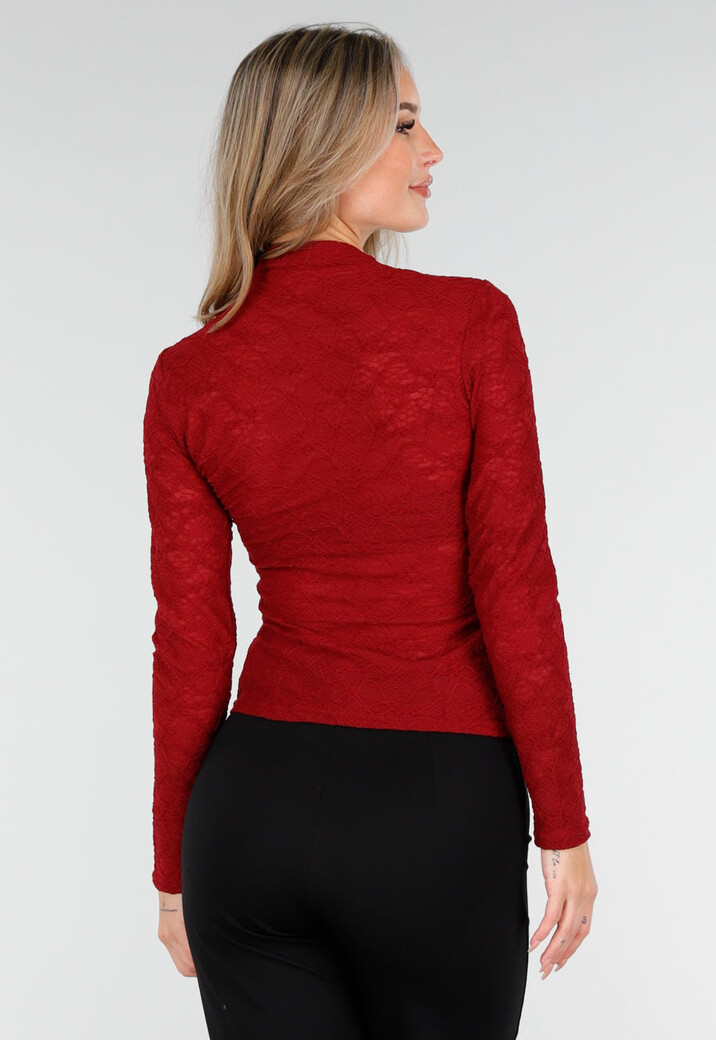 Rode Kant Stretch Top met Lange Mouwen en Hoge Hals