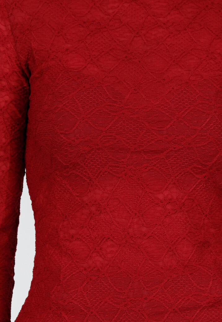 Rode Kant Stretch Top met Lange Mouwen en Hoge Hals