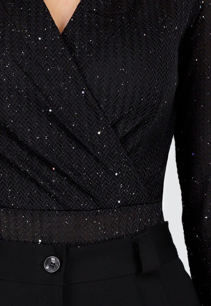 Zwarte Glitter Body met V-Hals en Overslag
